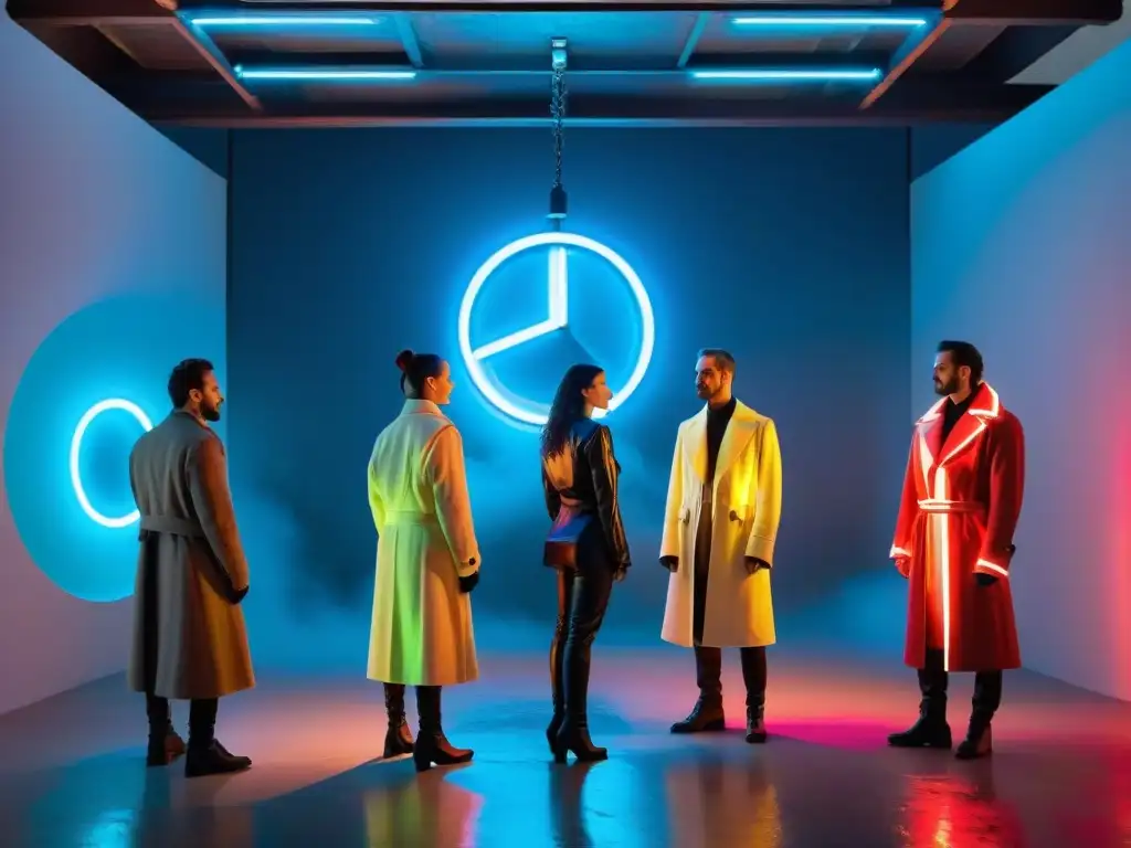 Una actuación vibrante de arte contemporáneo uruguayo innovador con artistas en trajes vanguardistas, iluminados por luces de neón