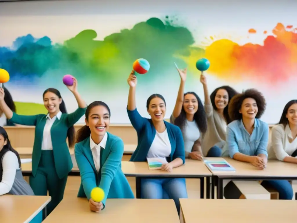 Un alegre proyecto de arte con estudiantes de diversas edades y orígenes, colaborando juntos en un aula colorida y espaciosa en Uruguay