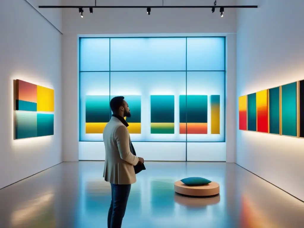 Un animado y dinámico evento de arte contemporáneo con esculturas abstractas, pinturas coloridas e instalaciones interactivas