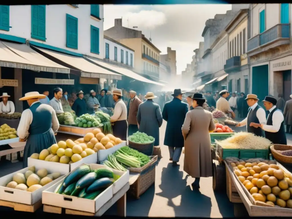 Una fotografía antigua de un animado mercado en Montevideo, Uruguay, a principios de 1900