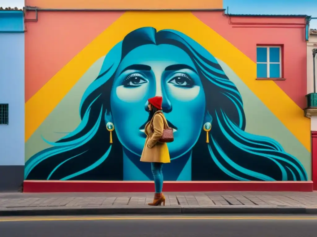 Apoyo arte urbano Uruguay: Mural ultradetallado en Montevideo con colores vibrantes y patrones geométricos