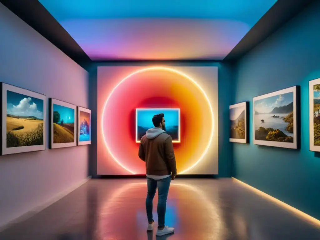 Archivo histórico arte uruguayo digital: Galería futurista con obras tradicionales y digitales, bañada en luces LED multicolores