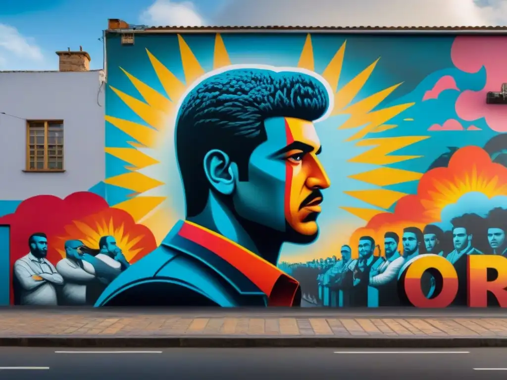 Arte callejero uruguayo: mural vibrante de cambio social y político con detalles intrincados y colores audaces