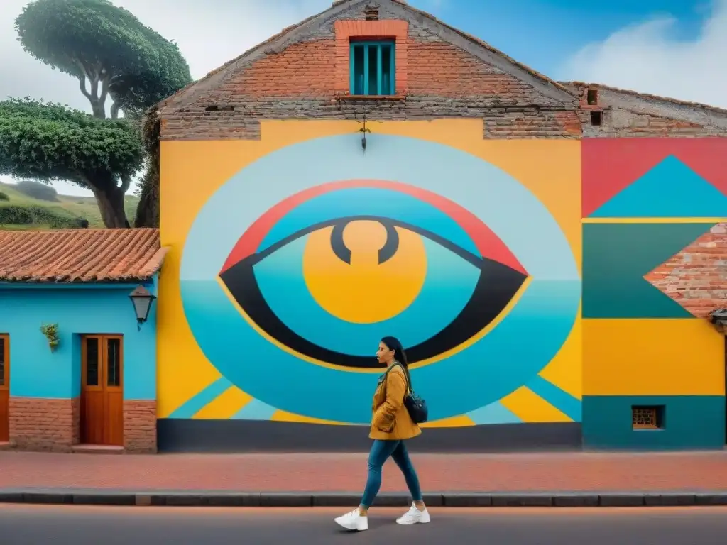 Arte comunitario en Uruguay: mural colorido y simbólico en un pueblo, atrayendo a turistas de diversos orígenes