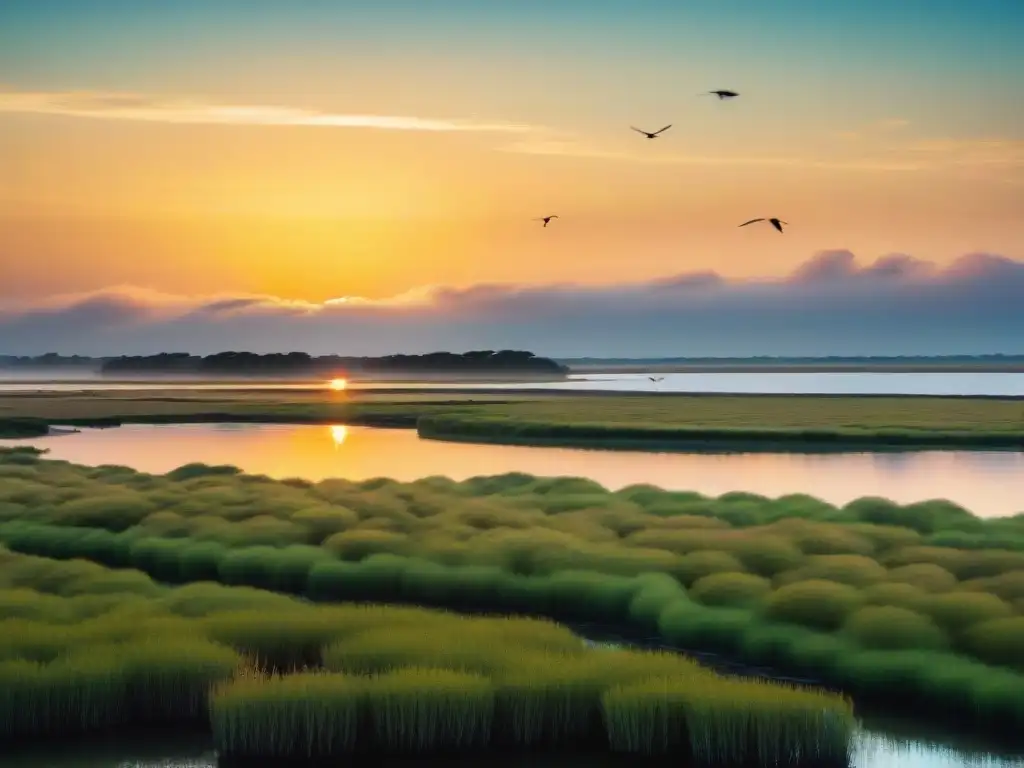 Una fotografía de arte contemporáneo en Uruguay capturando el amanecer sereno sobre los humedales con aves nativas en vuelo