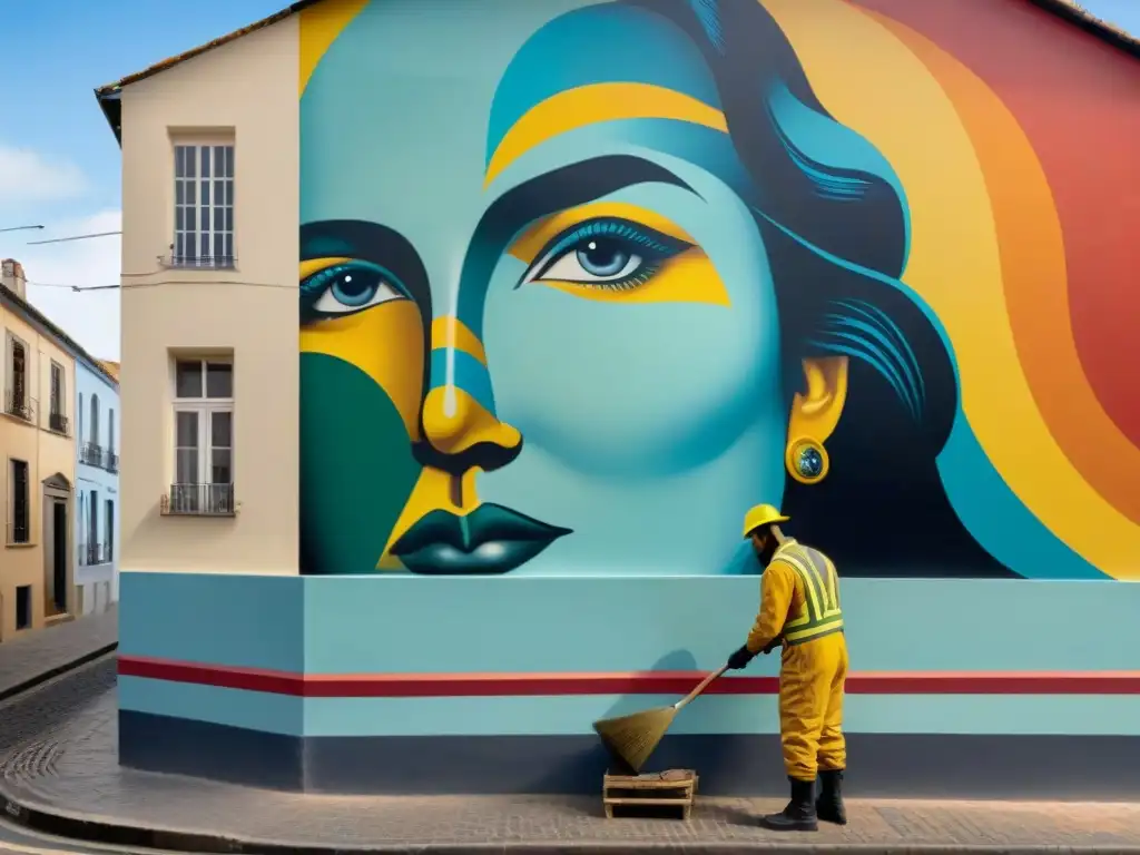 Restauración arte contemporáneo en Uruguay: Artista restaurando un mural vibrante e intrincado con técnicas modernas y tradicionales