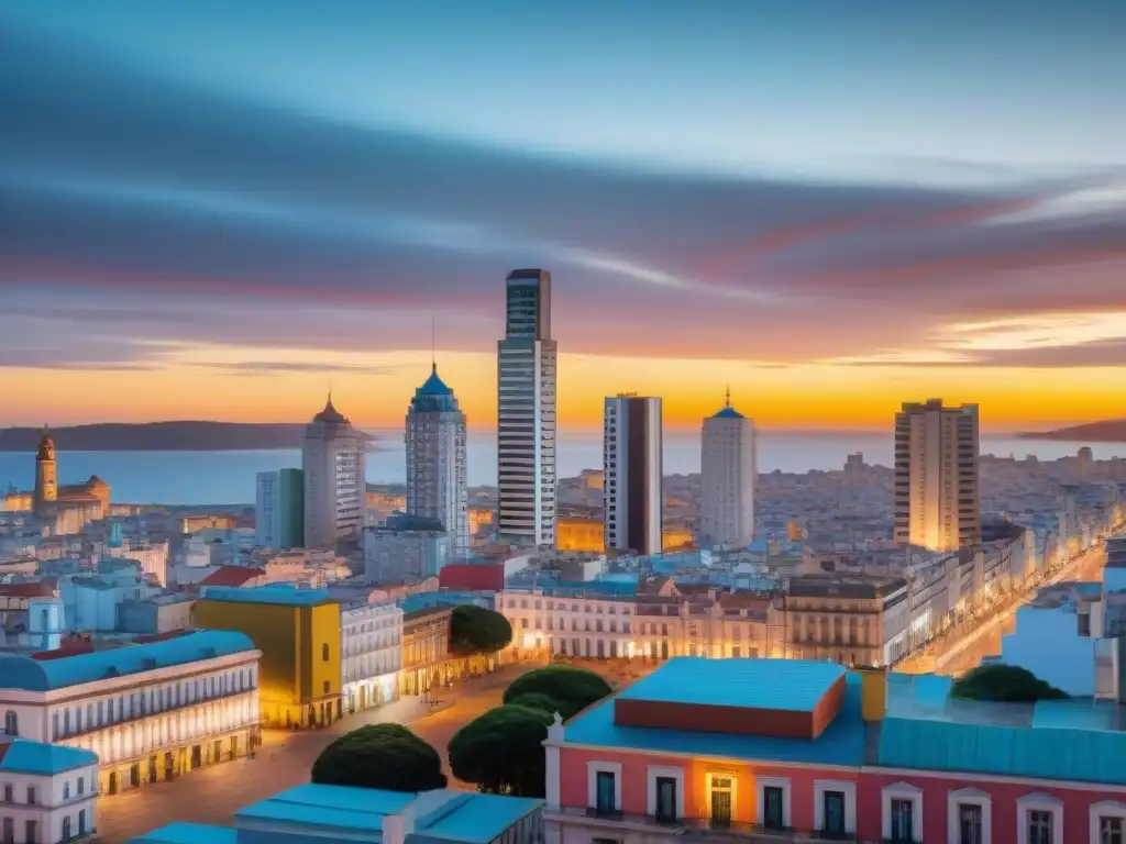 Arte contemporáneo Uruguay digital: Ciudad futurista de Montevideo iluminada por un atardecer dorado