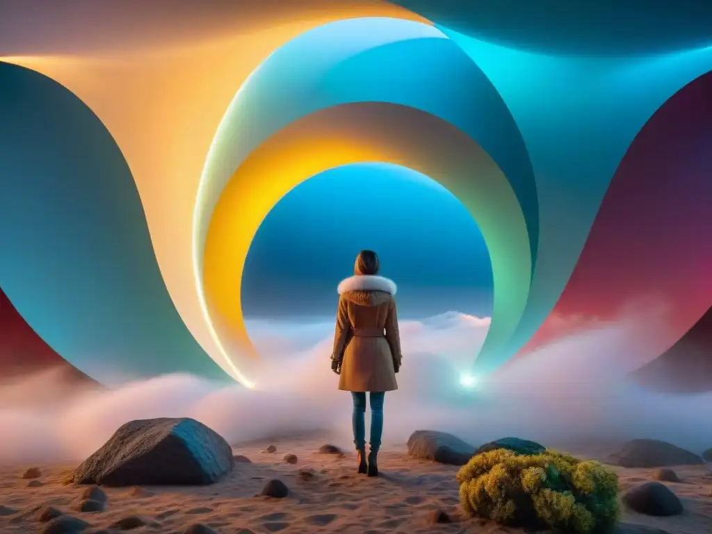 Arte contemporáneo: exploración espacio tiempo en paisaje surrealista de Uruguay con colores vibrantes y formas geométricas