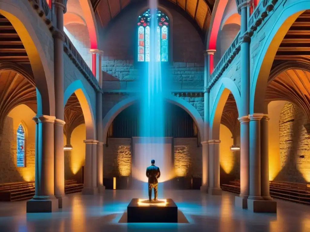 Arte contemporáneo en espacios históricos: instalación impactante de esculturas geométricas y colores neón en catedral