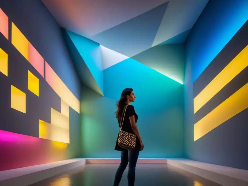 Inmersión en arte contemporáneo Uruguay: proyección espacios con formas geométricas y colores vibrantes en galería iluminada