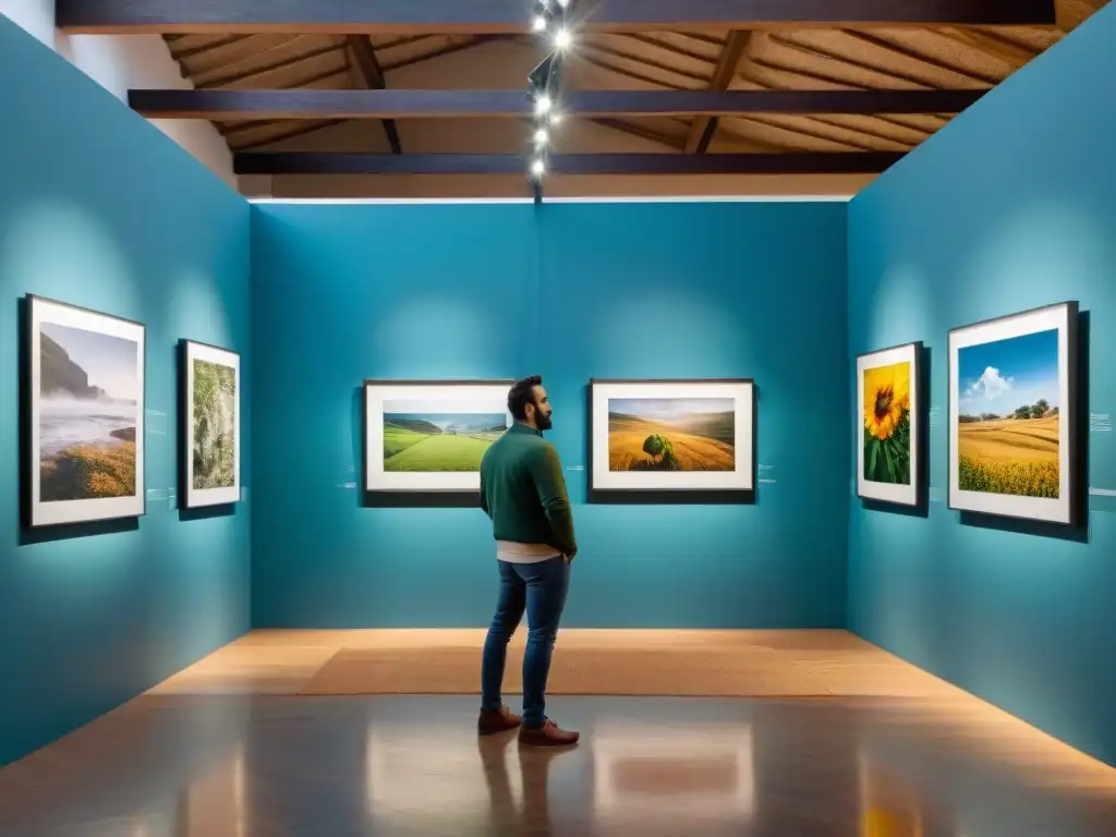 Exposición de arte contemporáneo en Uruguay: fotografías impactantes iluminadas por la luz natural, visitantes admirando con asombro y contemplación