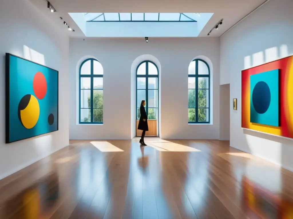 Interacción con arte contemporáneo en una galería de arte en Uruguay, exhibiendo obras vibrantes y eclécticas en un ambiente moderno y acogedor