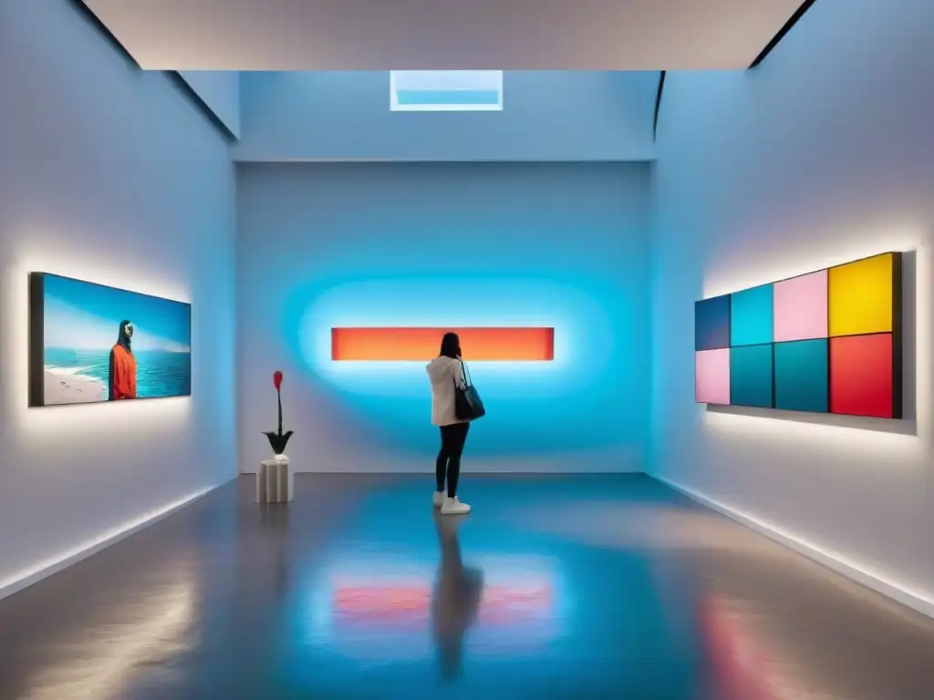 Explora arte contemporáneo innovador en Uruguay con colores vibrantes y esculturas vanguardistas en una galería futurista