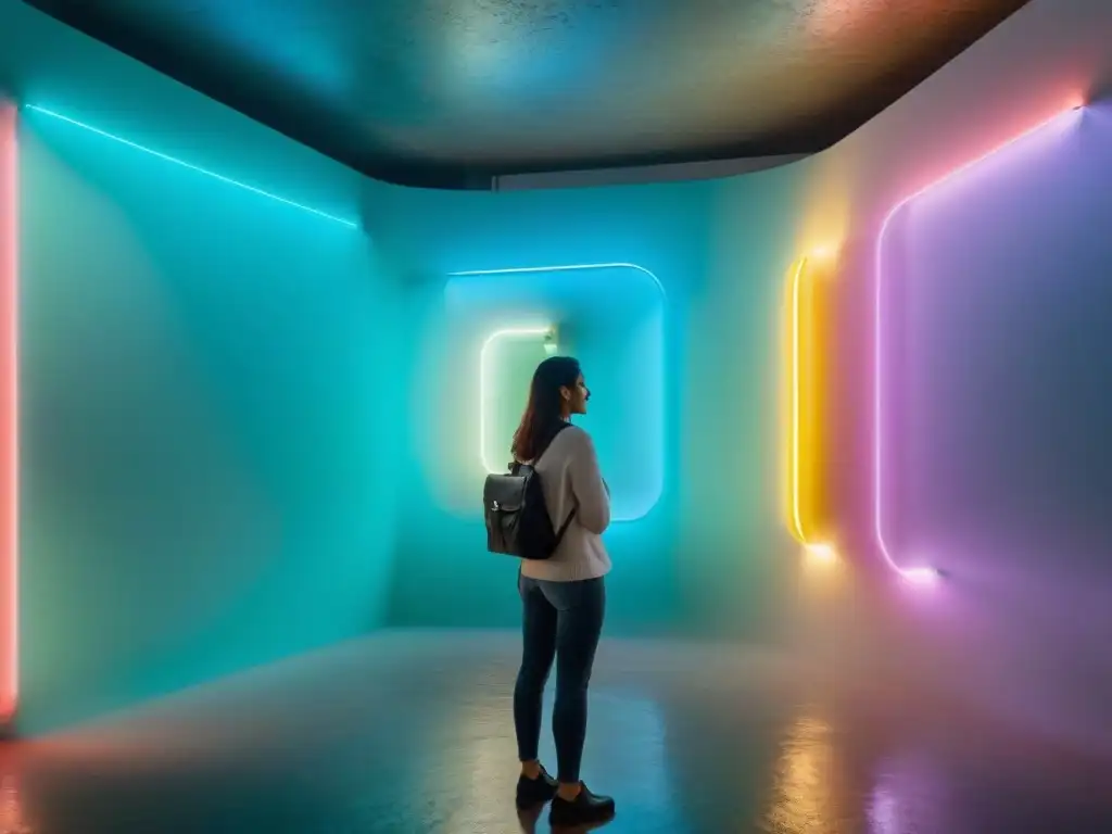 Exposición de arte contemporáneo en Uruguay con instalación de luces neón y proyecciones digitales