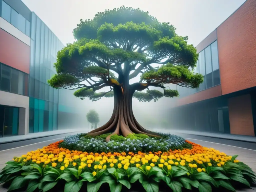 Arte contemporáneo y medioambiente en Uruguay: escultura de árbol reciclado rodeado de flores coloridas en entorno urbano