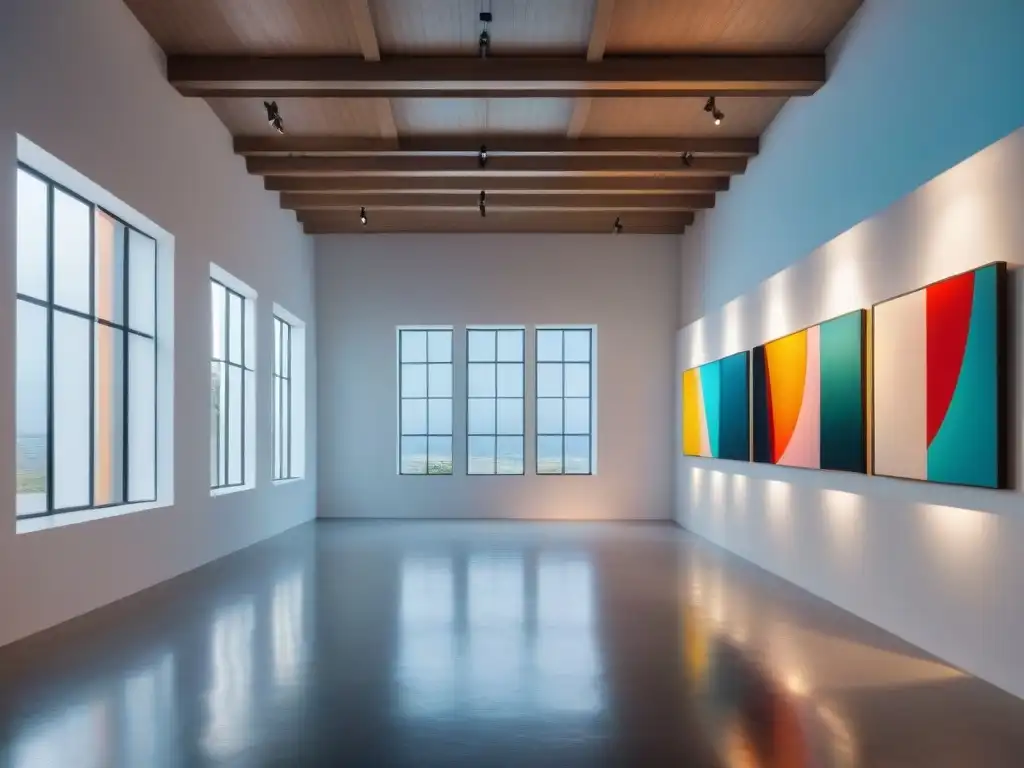 Exposición de arte contemporáneo en Uruguay: Galería moderna con obras abstractas coloridas, iluminación natural y sombras dinámicas