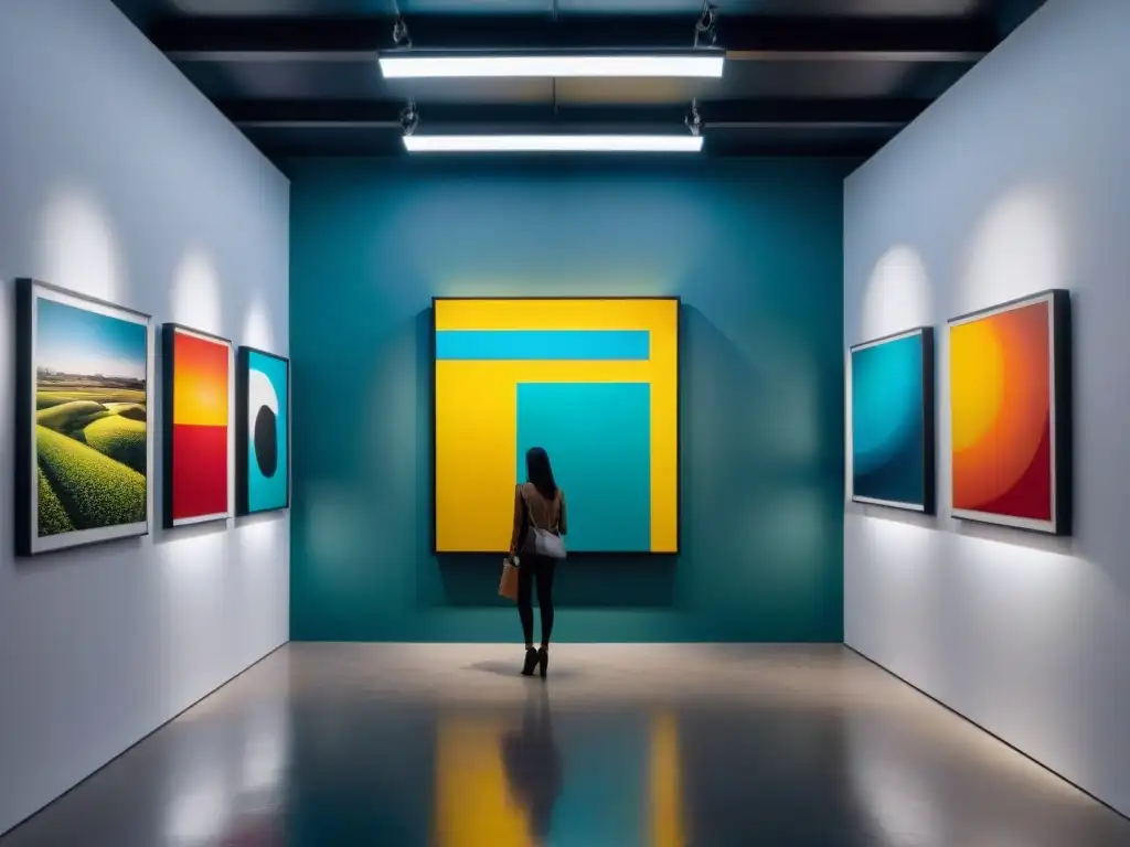 Exposición de arte contemporáneo en Uruguay: Galería moderna y vibrante con obras coloridas y esculturas elegantes