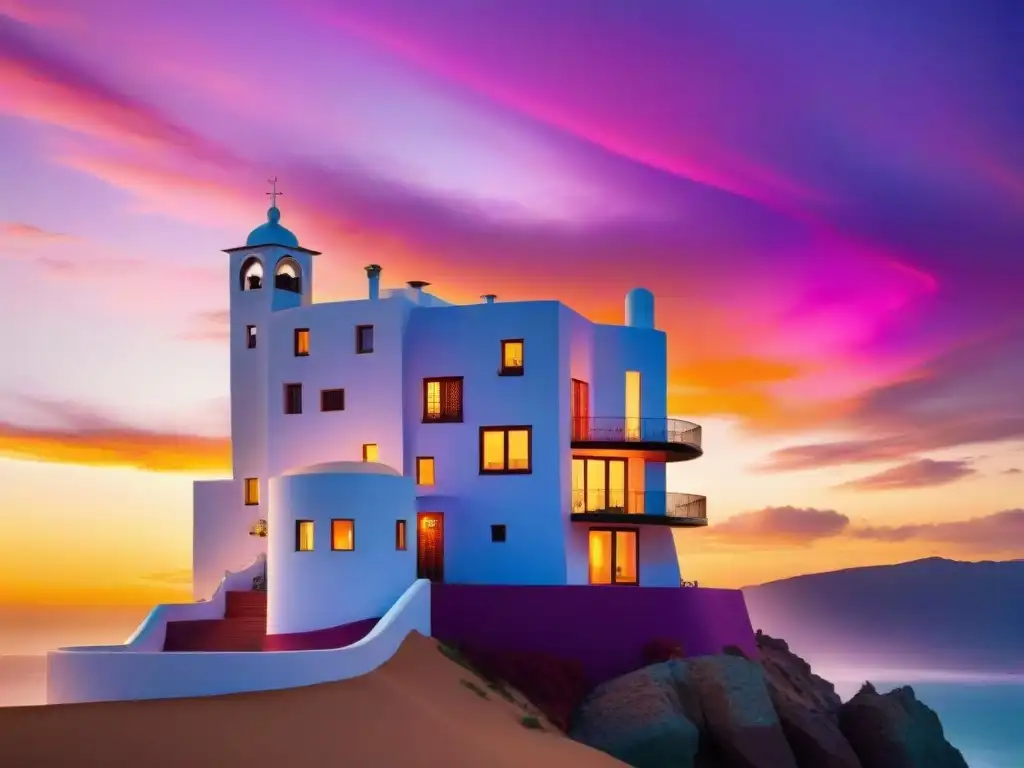 Arte contemporáneo uruguayo: Casapueblo de Carlos Páez Vilaró al atardecer, fusionando vanguardia y tradición en un paisaje colorido