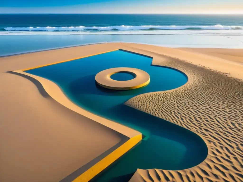 Arte contemporáneo uruguayo en costas impresionantes: instalación colorida y detallada en la playa, reflejando luz y sombra