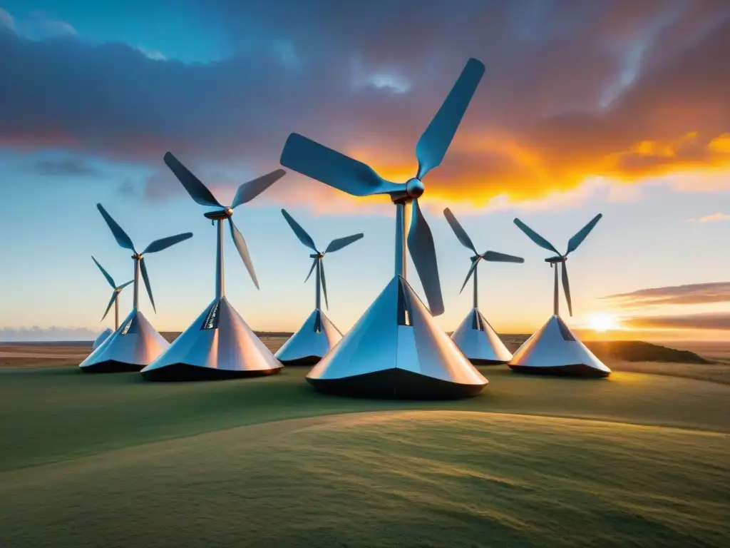 Arte contemporáneo uruguayo: esculturas de energías renovables en atardecer vibrante