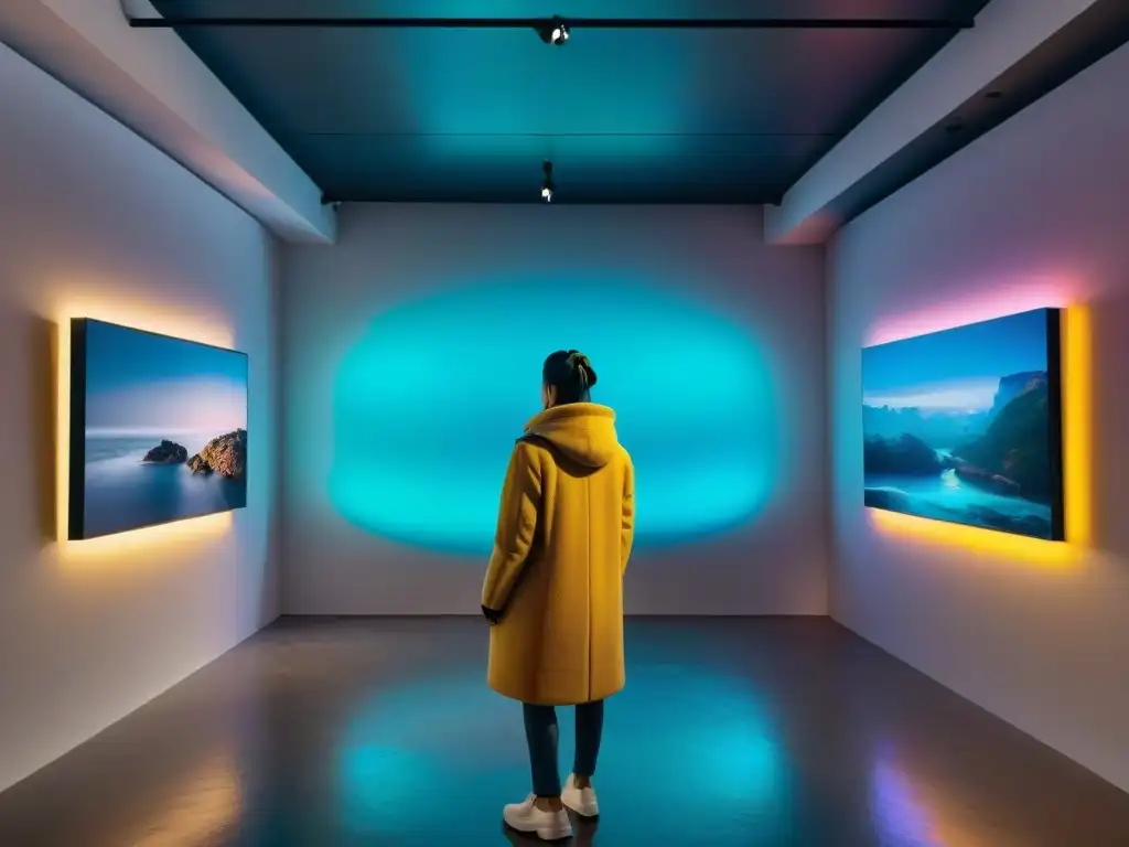 Exhibición de arte contemporáneo uruguayo impacto cultural con pinturas abstractas, esculturas e instalaciones digitales inmersivas en un espacio vibrante y lleno de luz natural