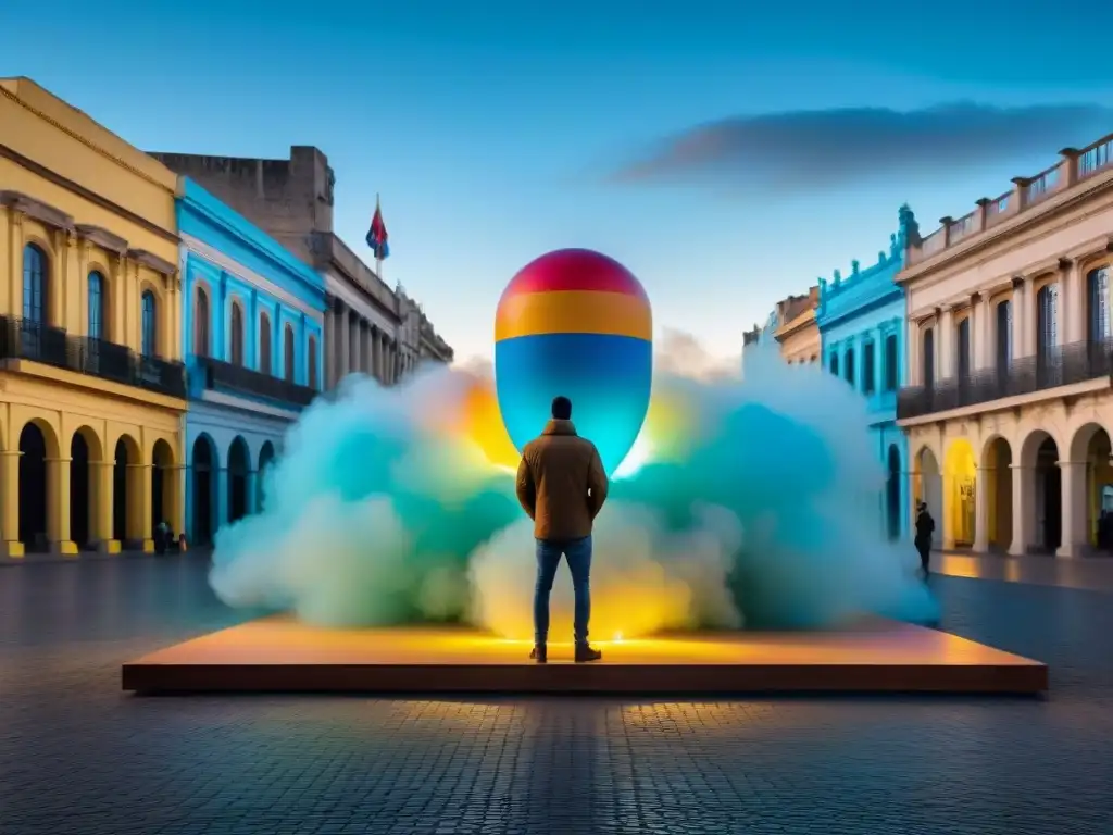 Arte contemporáneo uruguayo impacto político: Esculturas vibrantes y coloridas en plaza uruguaya con espectadores comprometidos