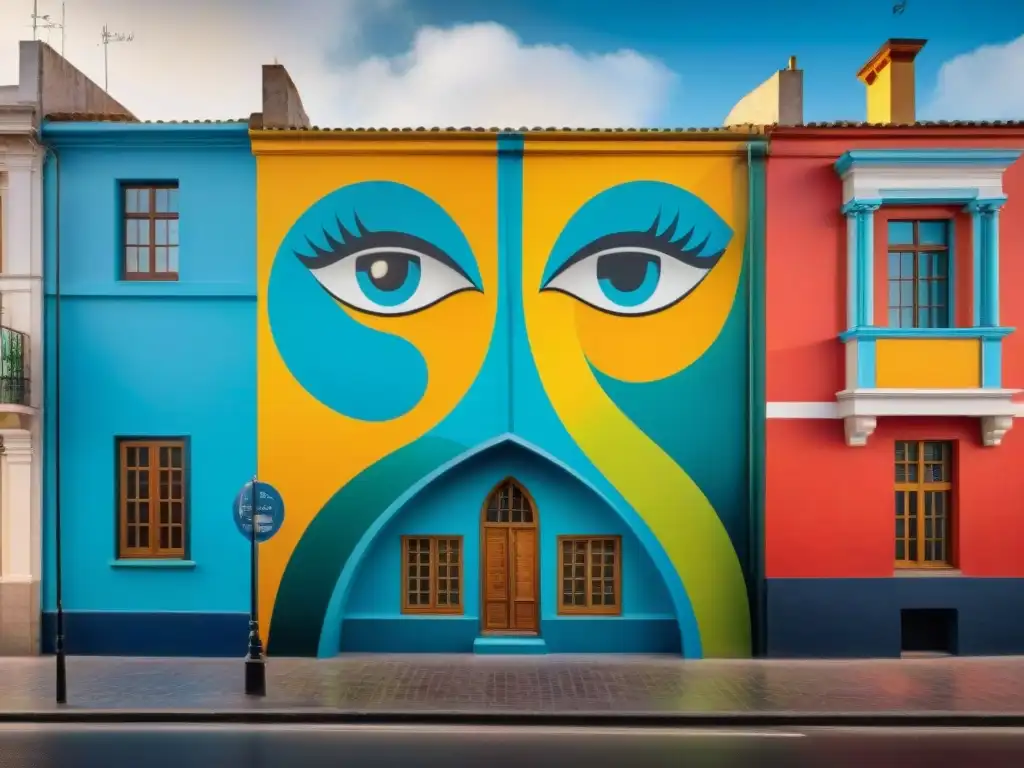 Arte contemporáneo uruguayo influencia europea: Mural vibrante en Montevideo con colores intensos y patrones geométricos