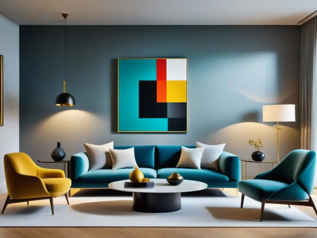 Arte contemporáneo uruguayo en diseño de interiores con pintura abstracta vibrante como punto focal en sala minimalista elegante