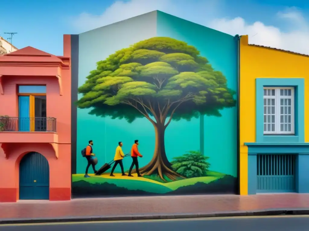 Arte contemporáneo uruguayo en mural vibrante que muestra la unión por la sostenibilidad ambiental