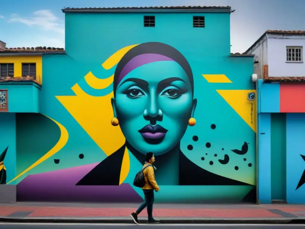 Arte contemporáneo uruguayo online: Mural urbano vibrante en Montevideo con formas abstractas y colores audaces
