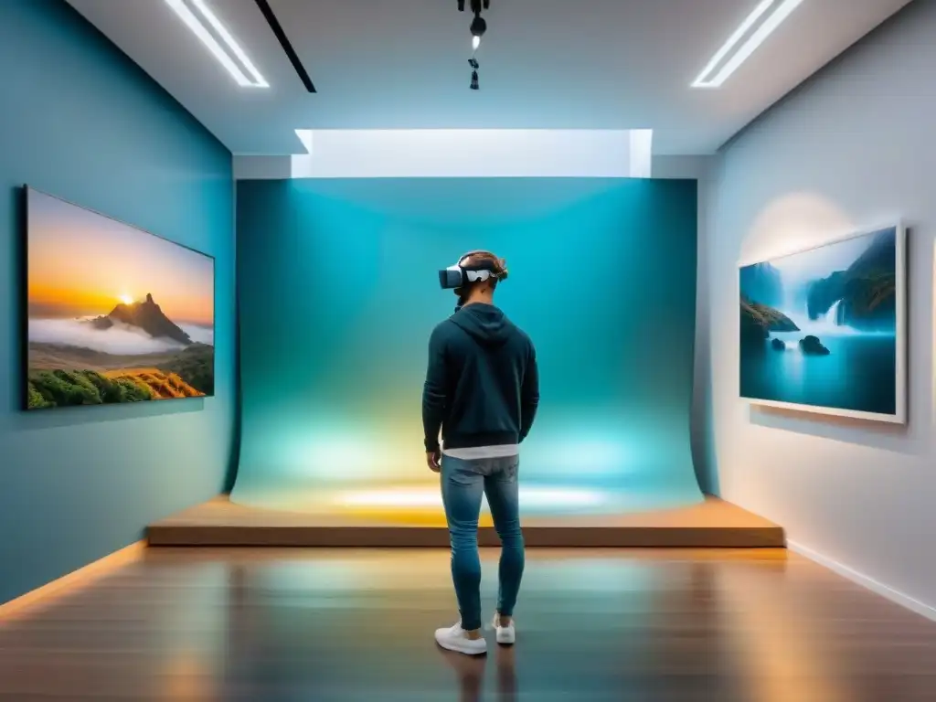 Exhibición de arte contemporáneo uruguayo en realidad virtual con pinturas vibrantes y exposiciones digitales futuristas