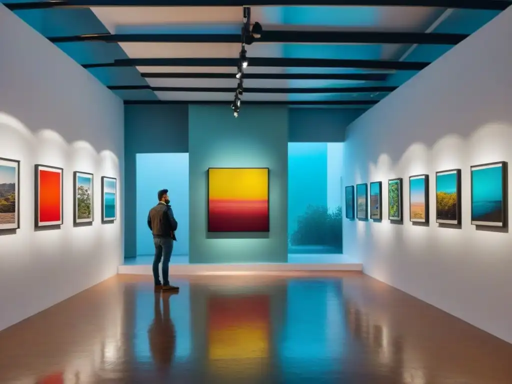 Invertir en arte contemporáneo uruguayo: vibrante galería de arte con esculturas y pinturas abstractas locales, iluminadas por la luz natural