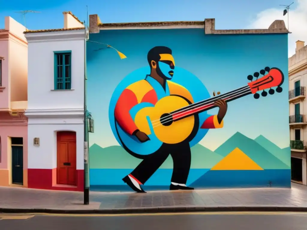 Arte contemporáneo en Montevideo: mural vibrante con formas abstractas y notas musicales junto a instrumentos tradicionales