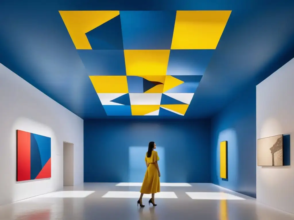 Instalación arte contemporáneo Uruguay: Geometrías vibrantes suspendidas en galería de prestigio, visitantes y sombras dinámicas