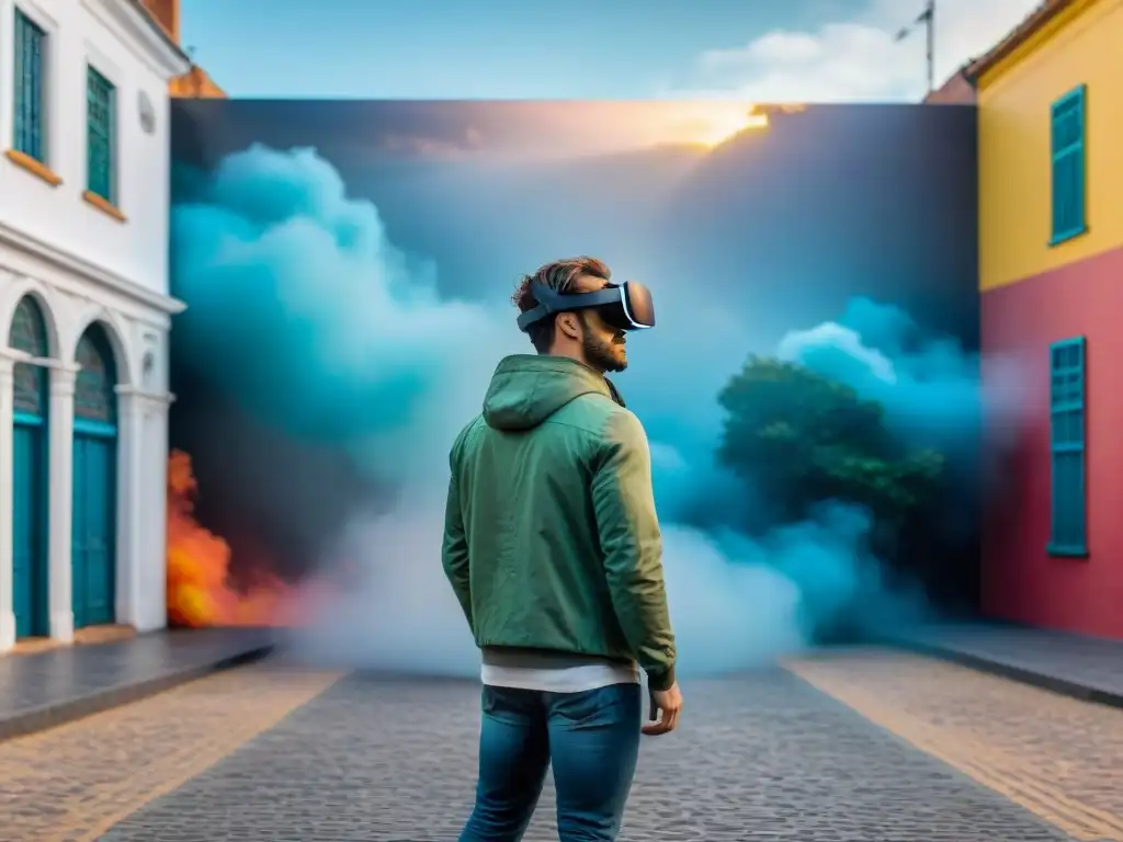 Inmersión en arte contemporáneo Uruguay realidad virtual con colores vibrantes y formas geométricas en instalación futurista