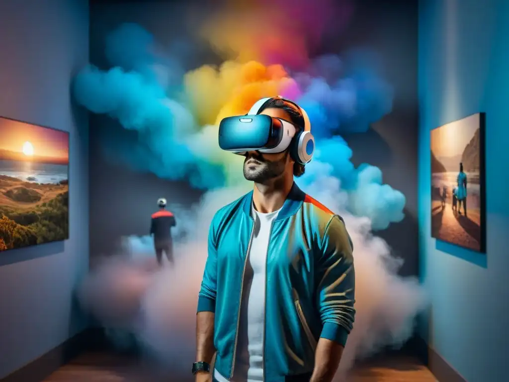 Inmersión en arte contemporáneo Uruguay realidad virtual: instalación digital futurista con colores vibrantes y formas abstractas