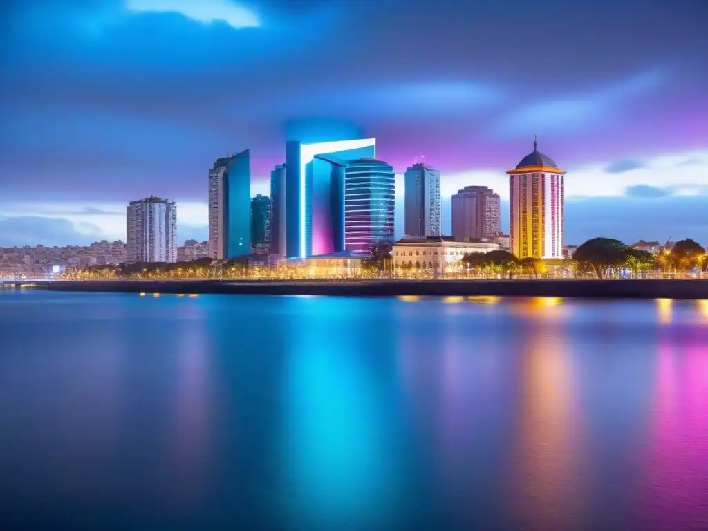 Arte digital contemporáneo en Montevideo, Uruguay: ciudad futurista con rascacielos iluminados por luces neón reflejadas en un río al atardecer