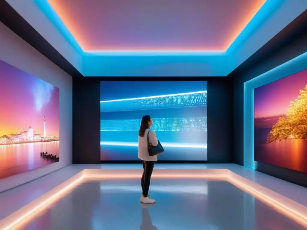 Exposición de arte digital en Uruguay: vibrante exhibición con instalaciones interactivas, hologramas y proyecciones LED coloridas, cautivando a visitantes de todas las edades con expresiones de asombro en un espacio moderno y futurista