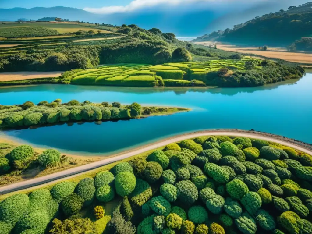 Arte ecológico contemporáneo en Uruguay: instalación vibrante con elementos naturales y esculturas artísticas en paisaje ondulado y cielo azul