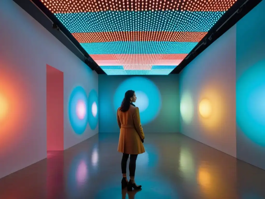 Inmersión en el arte interactivo en Uruguay: instalación vibrante de colores y patrones geométricos en un espacio minimalista y futurista