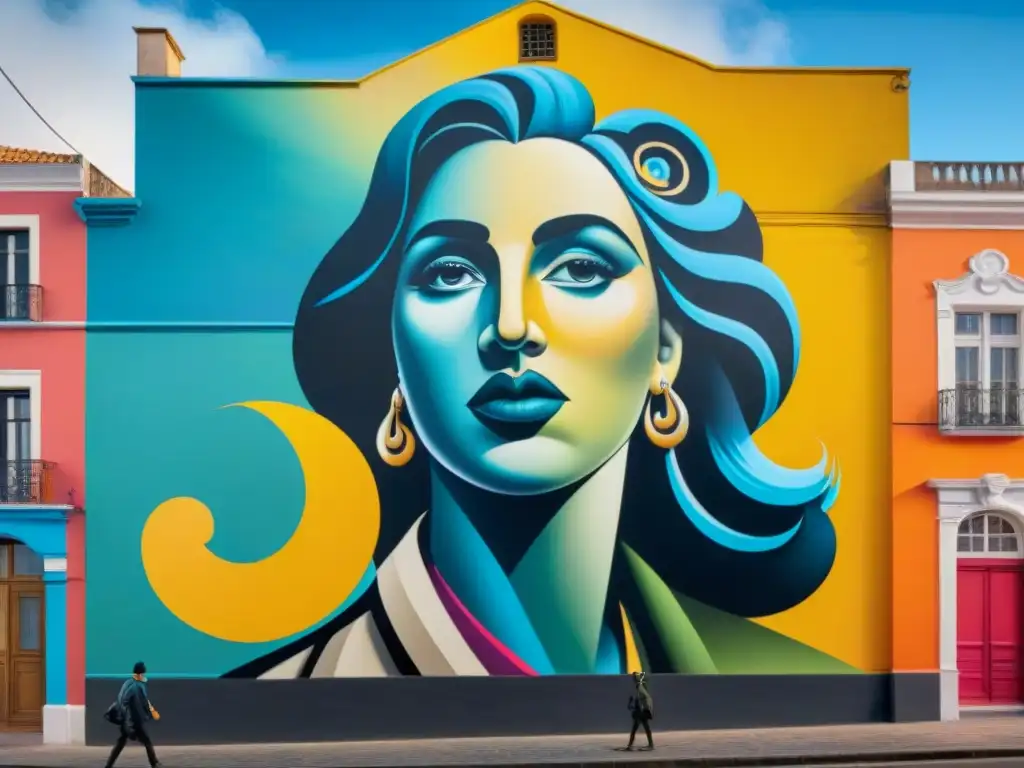 Arte mural contemporáneo en Uruguay: mural callejero vibrante con mezcla de estilos urbanos surrealistas y abstractos en Montevideo