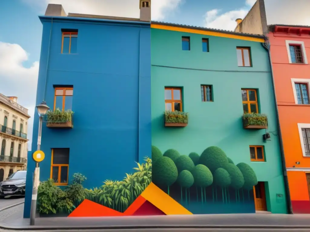 Arte sostenible en la sociedad: mural urbano vibrante con patrones geométricos y elementos naturales en Montevideo, Uruguay