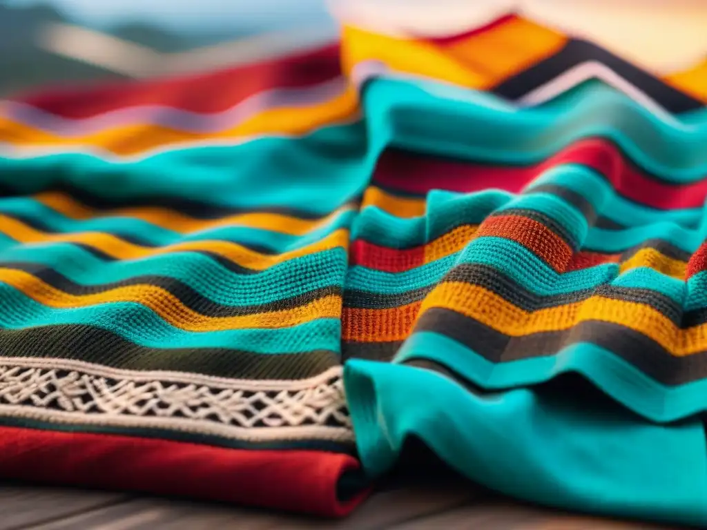 Arte textil uruguayo innovador: obra vibrante que fusiona técnicas tradicionales con toques modernos, colores intensos y patrones intrincados