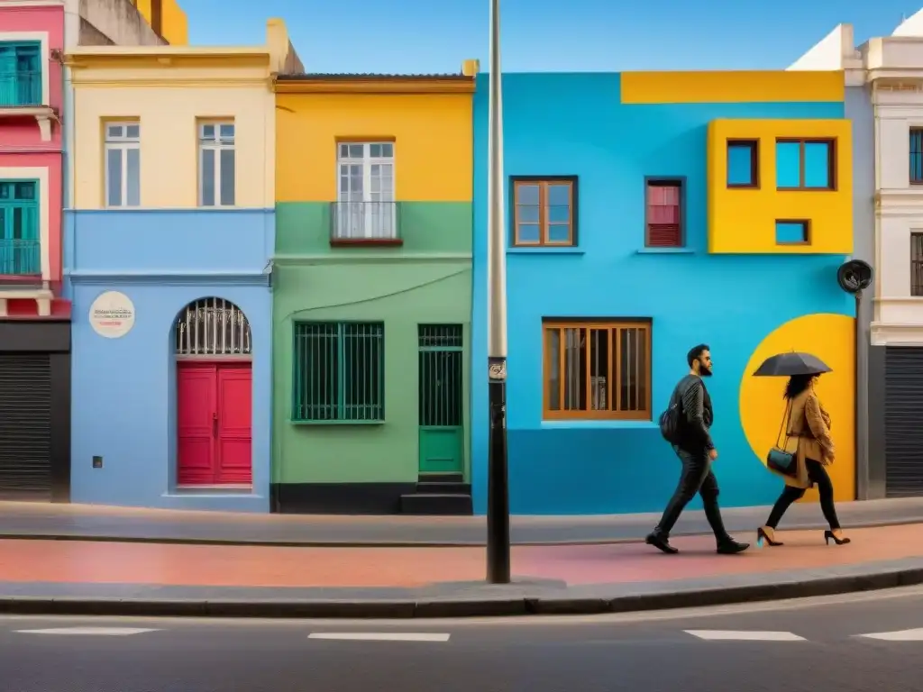 Arte urbano contemporáneo en Uruguay: vibrantes murales, esténciles, instalaciones y pasteups coloridos en una bulliciosa calle de Montevideo