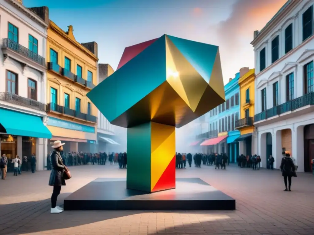 Arte urbano en Uruguay: escultura dinámica y colorida desafiando la gravedad, admirada por diversas personas en plaza de la ciudad