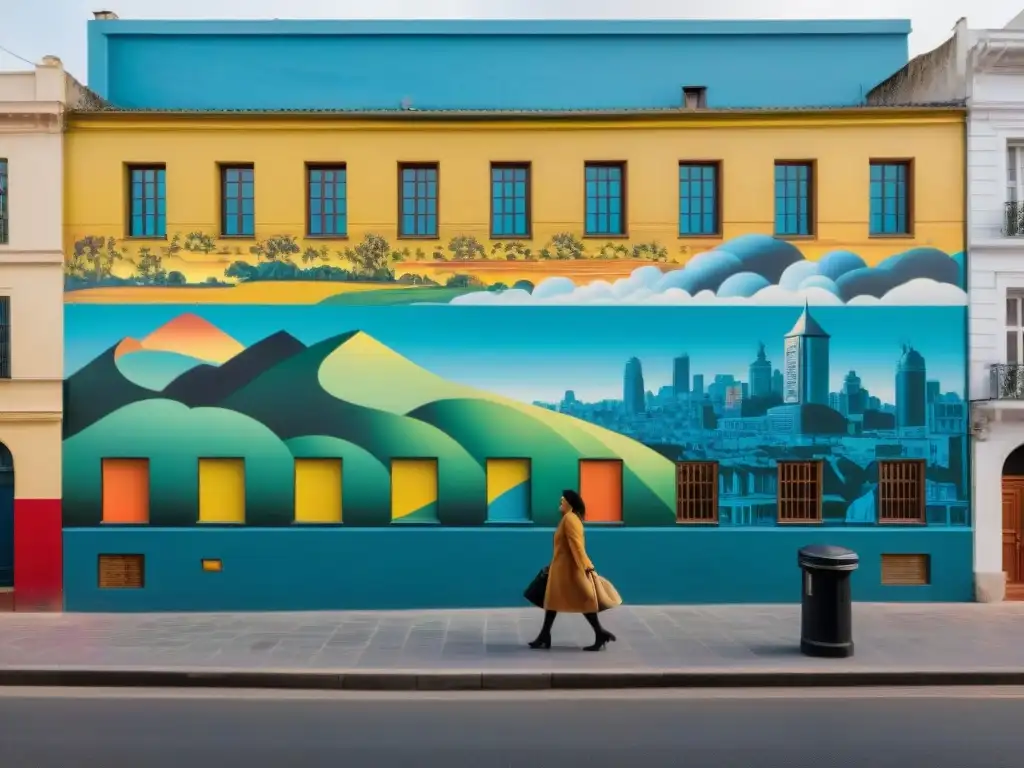 Arte urbano transformando espacio público: Mural detallado en Montevideo con diversidad cultural y vibrante energía