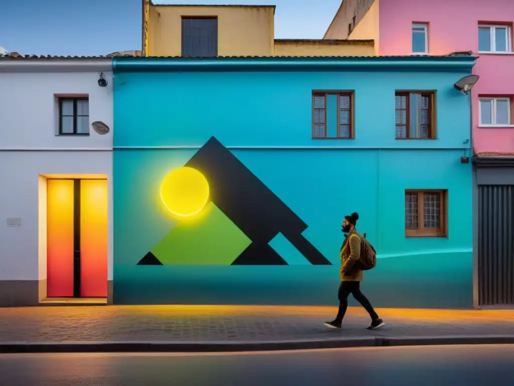 Arte urbano nocturno en Uruguay: mural vibrante con patrones geométricos y colores fluorescentes que brillan en la oscuridad de un callejón