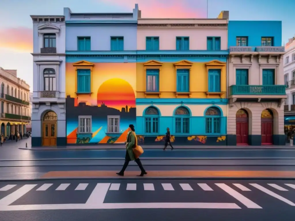 Arte urbano transformando percepción en Montevideo al atardecer, con murales coloridos en edificios históricos y transeúntes admirando la creatividad