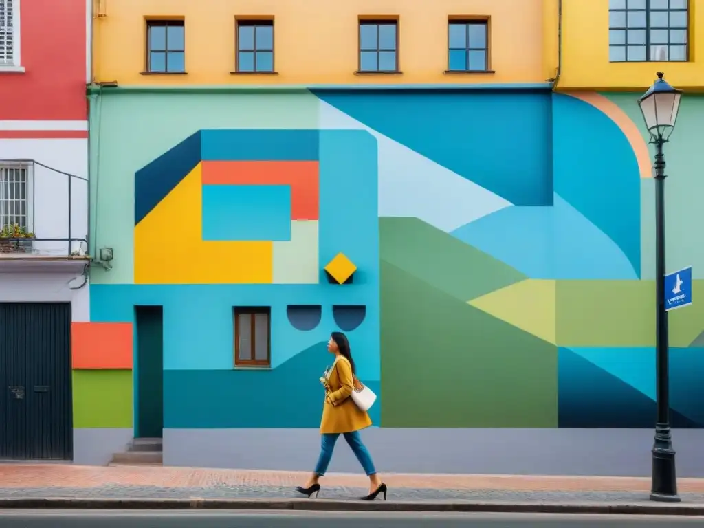 Arte urbano transformando percepción Uruguay: mural vibrante con formas geométricas y retratos realistas en la calle de Montevideo