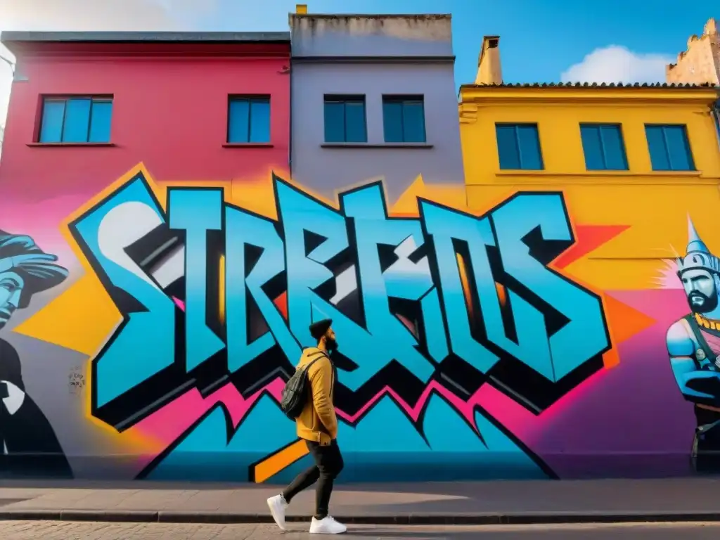 Arte urbano en Montevideo: mural vibrante con colores audaces y retrato de artista local